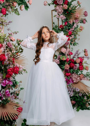 White Lace Glitter Tulle Slit Back Flower Girl Dress